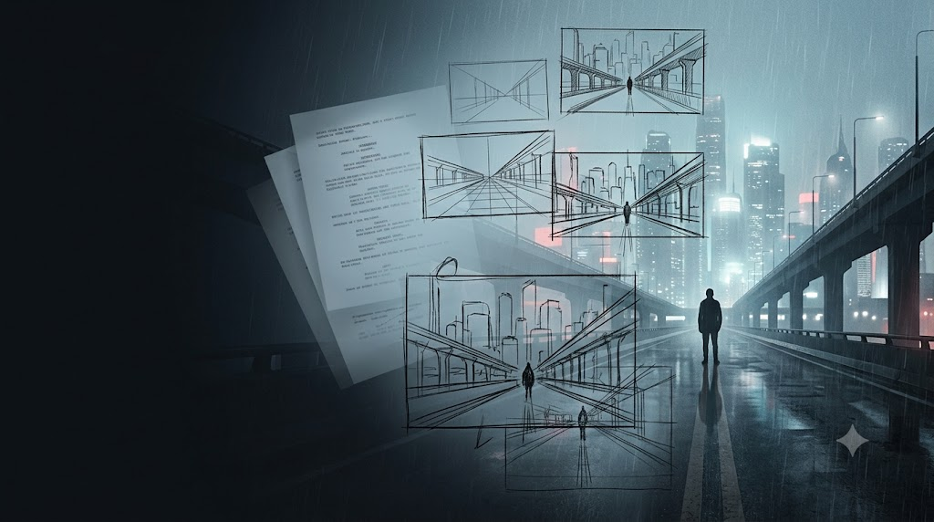 Visual development storyboard illustrating cinematic sequence previsualisation